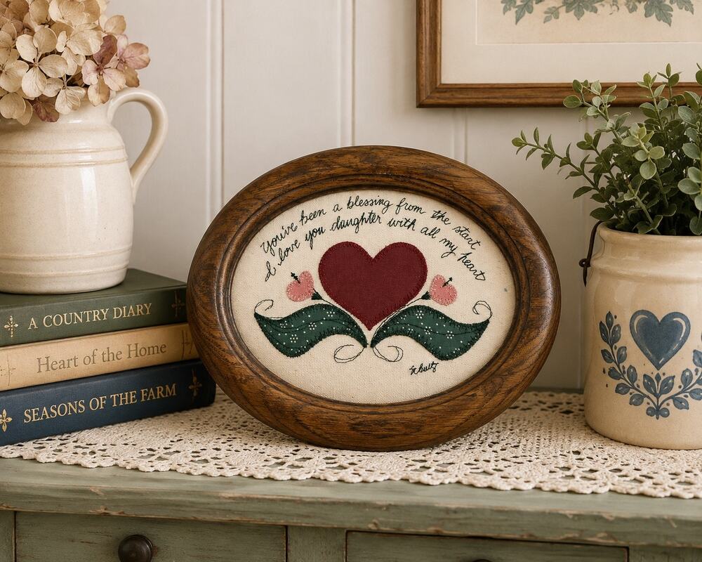 Vintage Folk Art Heart Appliqué Framed Textile Embroidery Country Cottage